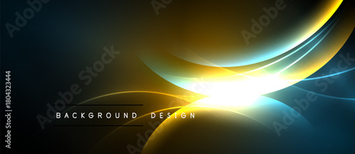 Abstract design features flowing lines, vibrant colors. Golden light radiates from center, contrasting dark background. Modern, dynamic composition.