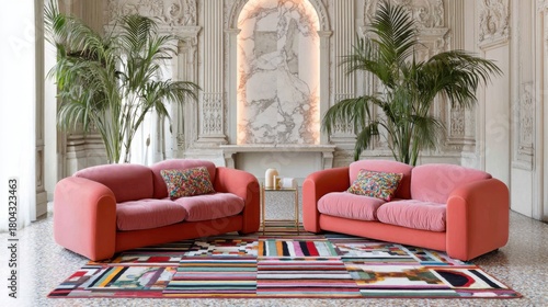 maximalist living room, coral twin sofas, bold geometric rug, plaster wall with accent light, indoor palm corner