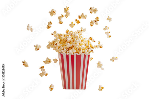 Popcorn Overflowing From Striped Box. Cinema Snack And Movie Night Concept Isolated On Transparent Background