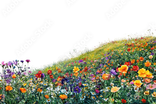 Vibrant Wildflower Meadow A Hillside. Nature'S Colorful Display Of Blossoms And Tranquility Isolated On Transparent Background