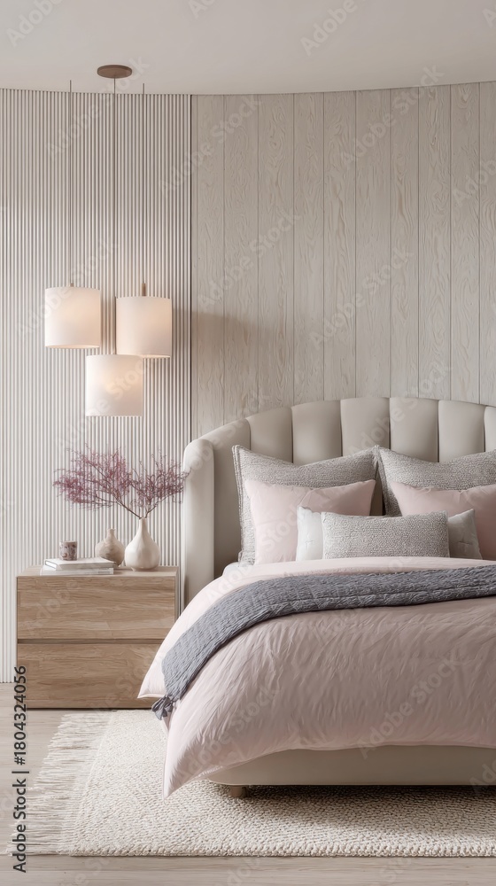 Fototapeta premium modern rustic eclectic bedroom vertical view, full curved bed, powder pink bedding, light textured wall, seamless nightstands, cozy wool rug, warm soft