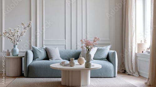 pastel neoclassic scandi living room full view, chunky sofa in dusty blue, panel wall, round table, airy linen curtains, pastel ceramic decor