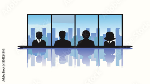 Modern conference hall interior with blurred silhouettes of people reflected on sleek glass walls conveying a professional business meeting atmosphere