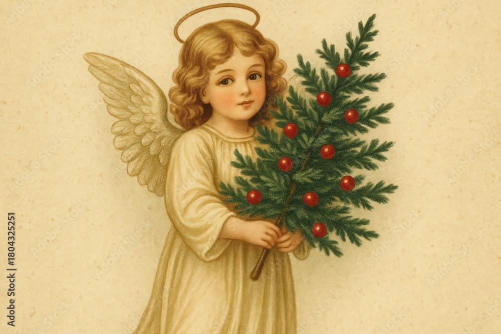 Fototapeta premium Vintage angel holding Christmas tree.