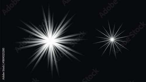Two radiant white starbursts stand out against a black backdrop, creating a striking contrast in a simple graphic design