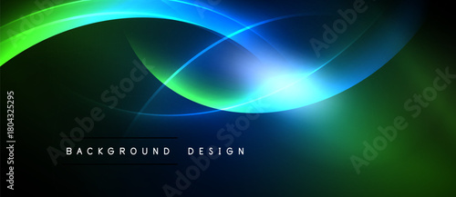 Abstract background features vibrant blue, green curves. Bright light radiates from center, creating dynamic visual effect. Dark space surrounds design.