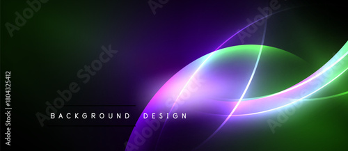 Abstract background features vibrant curves, gradients. Purple, green hues dominate dark space. Modern design element.