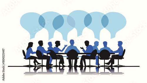 Diverse group of professionals in silhouette form collaborating and exchanging ideas during a corporate meeting symbolizing teamwork and innovation in a business environment