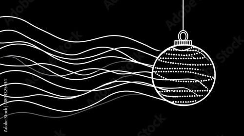 Modern White Line Art Christmas Bauble with Abstract Wavy Trails on Black Background for Festive Holiday Design and Celebration
