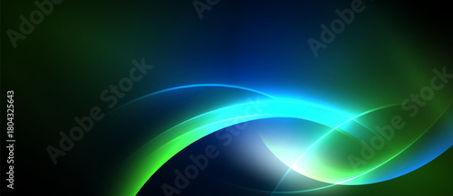 Abstract flowing lines, vibrant blues, greens, white light. Dark background creates dramatic visual effect. Smooth curves suggest movement.