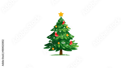 Festive Decorated Christmas Tree with Star Topper and Ornaments, Hand-Drawn Cartoon Style Holiday Illustration on White