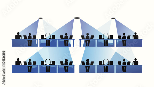 Modern office scene with employees working at desks arranged in a diagonal layout symbolizing teamwork productivity and corporate environment suitable for business presentations and web graphics