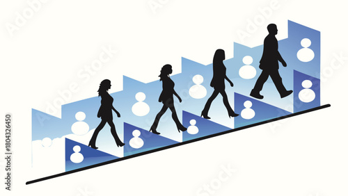 Silhouettes of people walking uphill on a diagonal slope representing progress journey and teamwork in a modern graphic design