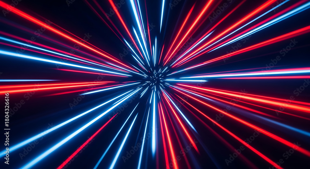 Fototapeta premium Abstract red and blue light streaks exploding from a central point