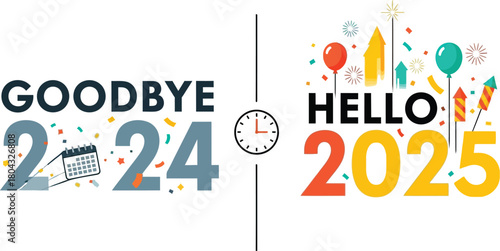Goodbye 2024 and hello 2025 new year celebration with clock and party elements