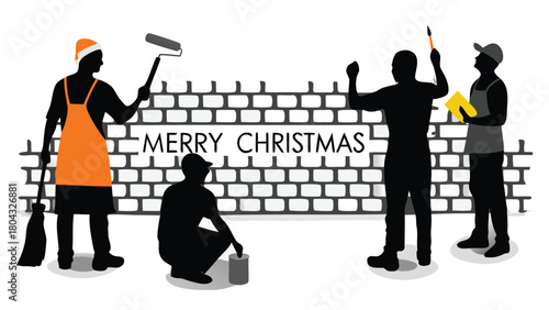 Diverse group of artists collaborating to paint a vibrant mural with the word merry in colorful letters celebrating community and holiday spirit