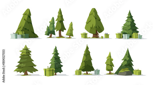 Diverse Set of Stylized Evergreen Trees with Holiday Gifts. Cartoon Pine and Fir Tree Collection for Christmas Decoration.