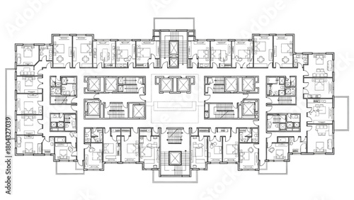 Black line art hotel floor plan showing rooms, hallways, elevators, staircases, and emergency exit routes