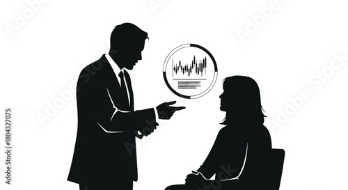 Illustration of silhouette of a businessman pointing at a graph displayed in a circle, talking to a businesswoman sitting down