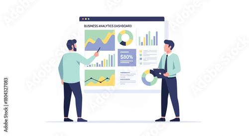 Illustration of two businessmen analyzing business analytics dashboard with charts and graphs