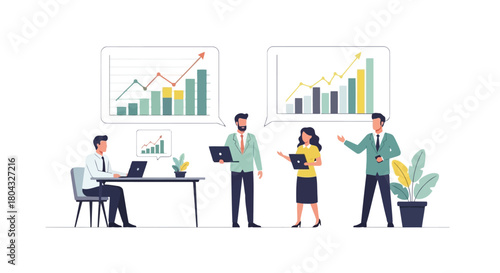 Illustration of business people collaborating and analyzing growth charts on laptops