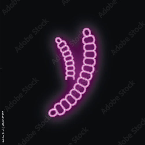 Purple neon sign depicting two earthworms glowing on a black background