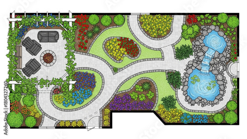 High-quality black line art landscape floor plan of backyard with walkways, pergola, seating, plant beds, and water features