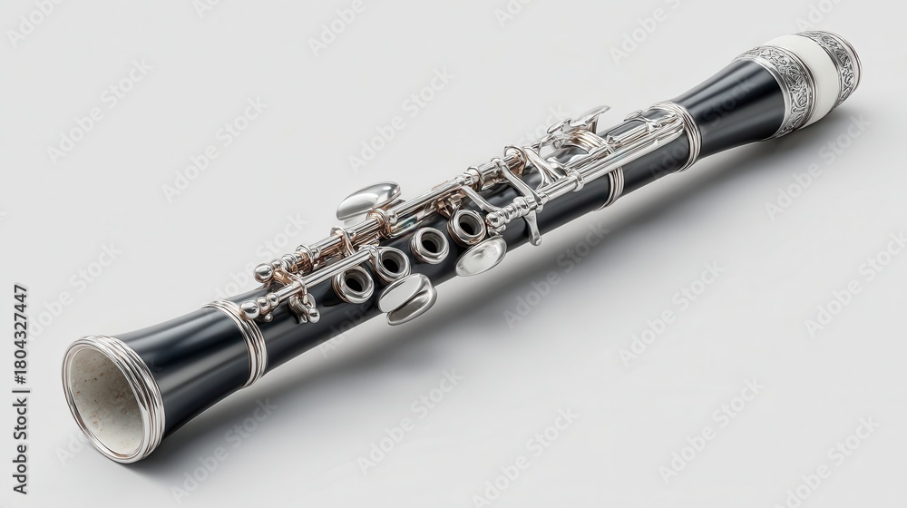 Naklejka premium Detailed clarinet with silver keys on white. Beautiful black musical instrument for classical music