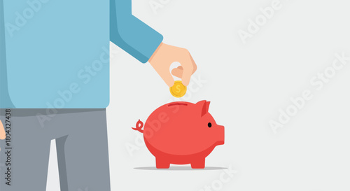 Illustration of person putting a coin into a red piggy bank, representing saving money and financial planning