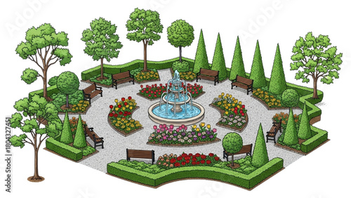 High-quality black outline colorful art of backyard and public garden layout with paths, trees, benches, fountains, and plants, landscape illustration