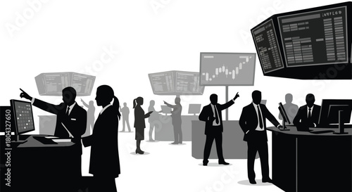 Illustration of silhouette of traders in a stock exchange, pointing at screens with financial data and charts