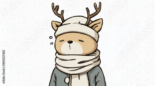 Adorable cartoon deer character in a cozy winter hat and scarf, looking tired or sleepy on a white background. Hand-drawn illustration.