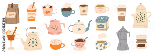 Set of autumn and winter hot drinks. Pumpkin latte, hot chocolate, coffee with cream, tea , cocoa with marshmallow, teapot, coffee maker. Vector flat illustration.