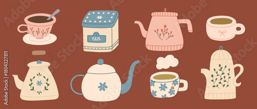 Cozy autumn hand drawn tea set with cute cups and teapots. Fall and winter hot drinks. Seasonal warm beverages. Vector flat illustration.