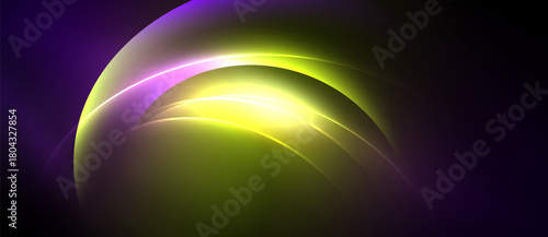 Abstract luminous curves blend, creating vibrant energy. Purple, yellow, green hues dominate dark background. Smooth gradients suggest movement.