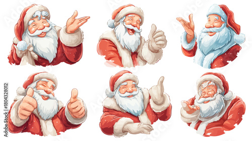 Happy Santa Claus character expressions and hand gestures set, ideal for Christmas, holiday, and festive season designs and projects.