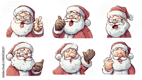 Jolly cartoon Santa Claus character expressions and hand gestures set for Christmas, holidays, and festive designs.