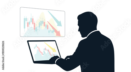Illustration of silhouette of a businessman looking at stock market charts on a laptop and a large screen
