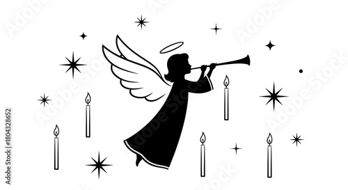 Silhouette of an Angel Playing Trumpet Surrounded by Stars and Candles.