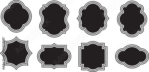 Black decorative label silhouettes, vintage frame shapes, retro outline badge, ornate geometric borders, empty tag design graphics, shield elegant royal crest emblem, retro sticker. Vector set