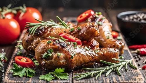 Juicy grilled chicken drumsticks with chili and rosemary, ready for a flavorful meal
