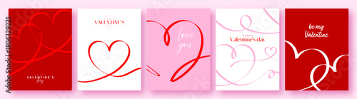 Valentines Day poster set, greeting card, red heart line art