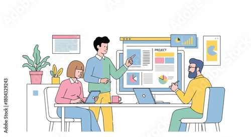 Illustration of team of people collaborating in a modern office setting, discussing a project displayed on a large computer screen