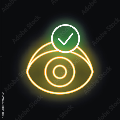 Glowing neon sign showing an eye with a check mark symbol, on a black background