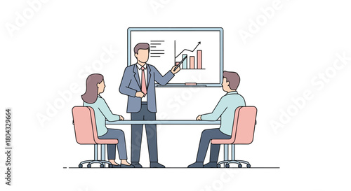 Illustration of business meeting with a presenter showing a growth chart on a screen to two colleagues