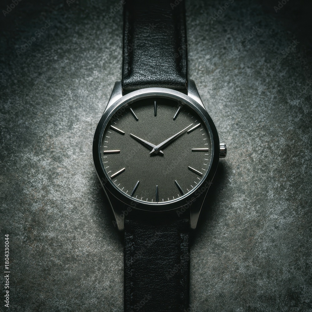 custom made wallpaper toronto digitalA detailed overhead shot of a men's wristwatch with a black leather band and a sparkling grey textured dial