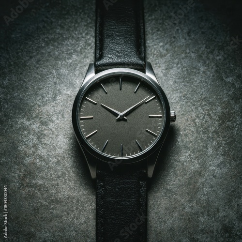 Wallpaper Mural A detailed overhead shot of a men's wristwatch with a black leather band and a sparkling grey textured dial Torontodigital.ca