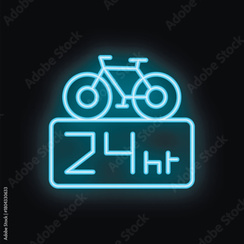 Blue neon sign depicting a bicycle above a 24 hour sign, possibly indicating a bike shop or repair service that is open 24 hours