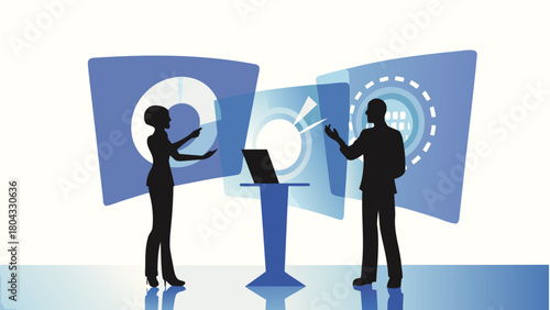 Futuristic conference silhouettes engaging with technology and data visualizations representing innovation and collaboration in a modern business setting