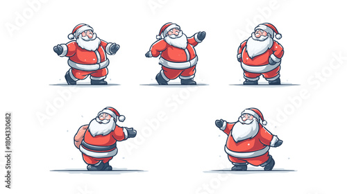 Collection of cheerful holiday characters in red suits and white beards, diverse poses. Festive Christmas illustrations for winter celebration.